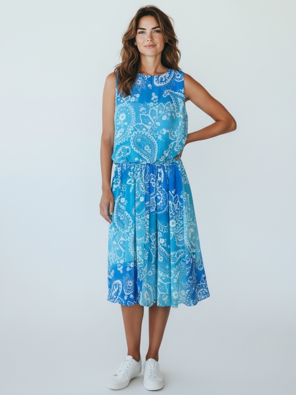 AGB Ocean Blue Paisley Sleeveless Midi Dress
